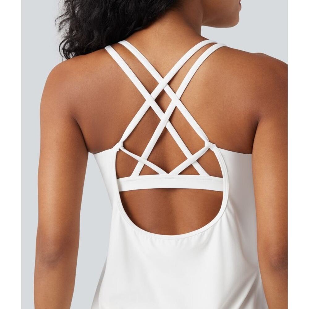 Halara XL White UltraSculpt Round Neck Curved Hem Backless Workout Tank Top NWT - Picture 3 of 5